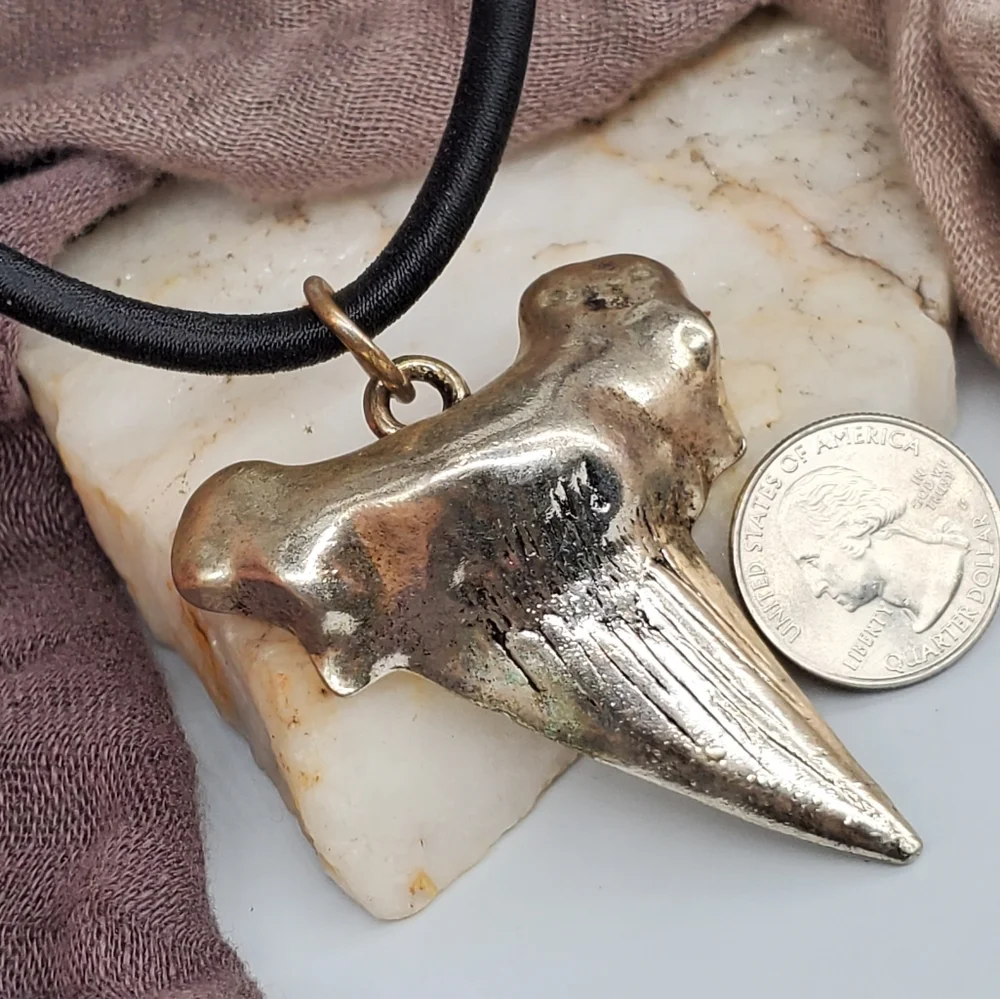 Large Heavy Silver Plated Shark Tooth Big Pendant Black Cord Necklace Gift